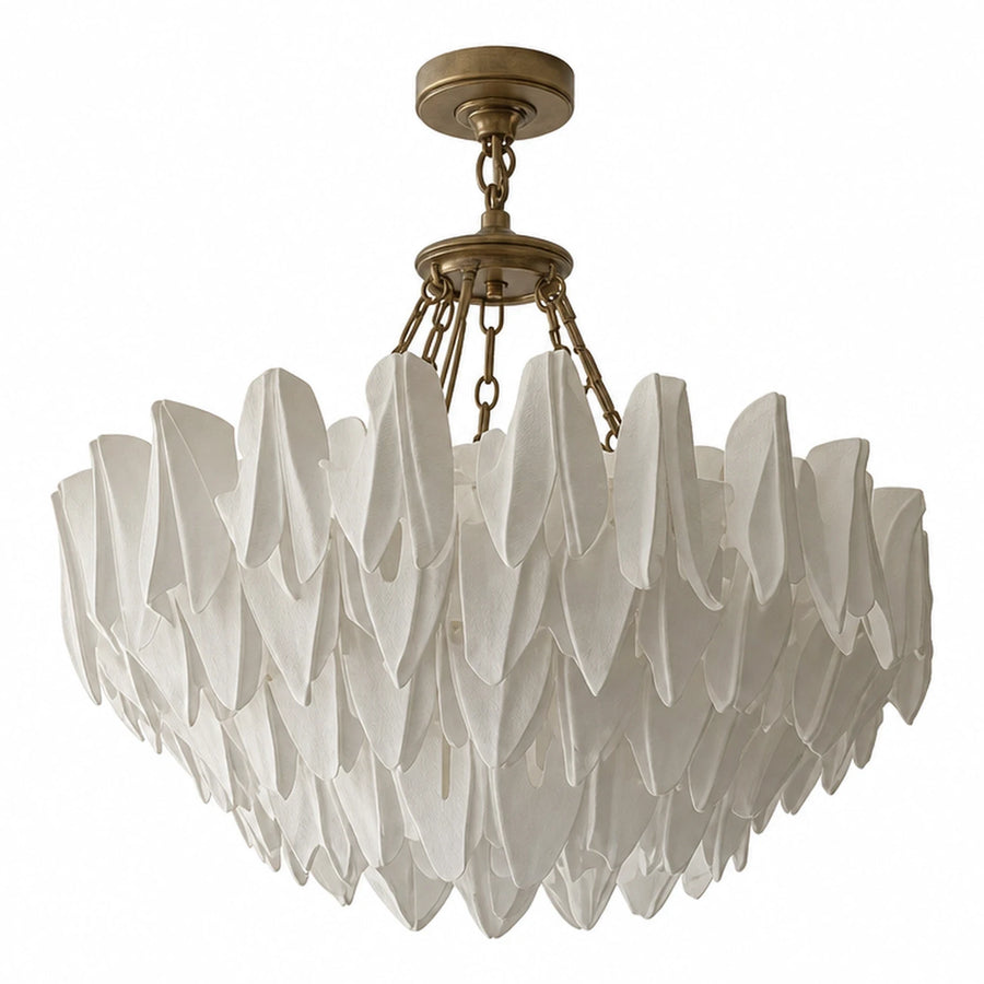 White Leaf Layered Chandelier with Antique Brass Finish