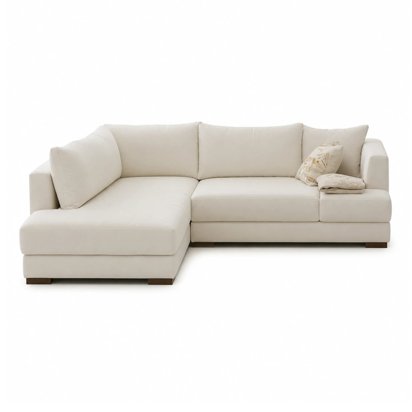 Cream L-Shaped Sectional Sofa with Wooden Legs