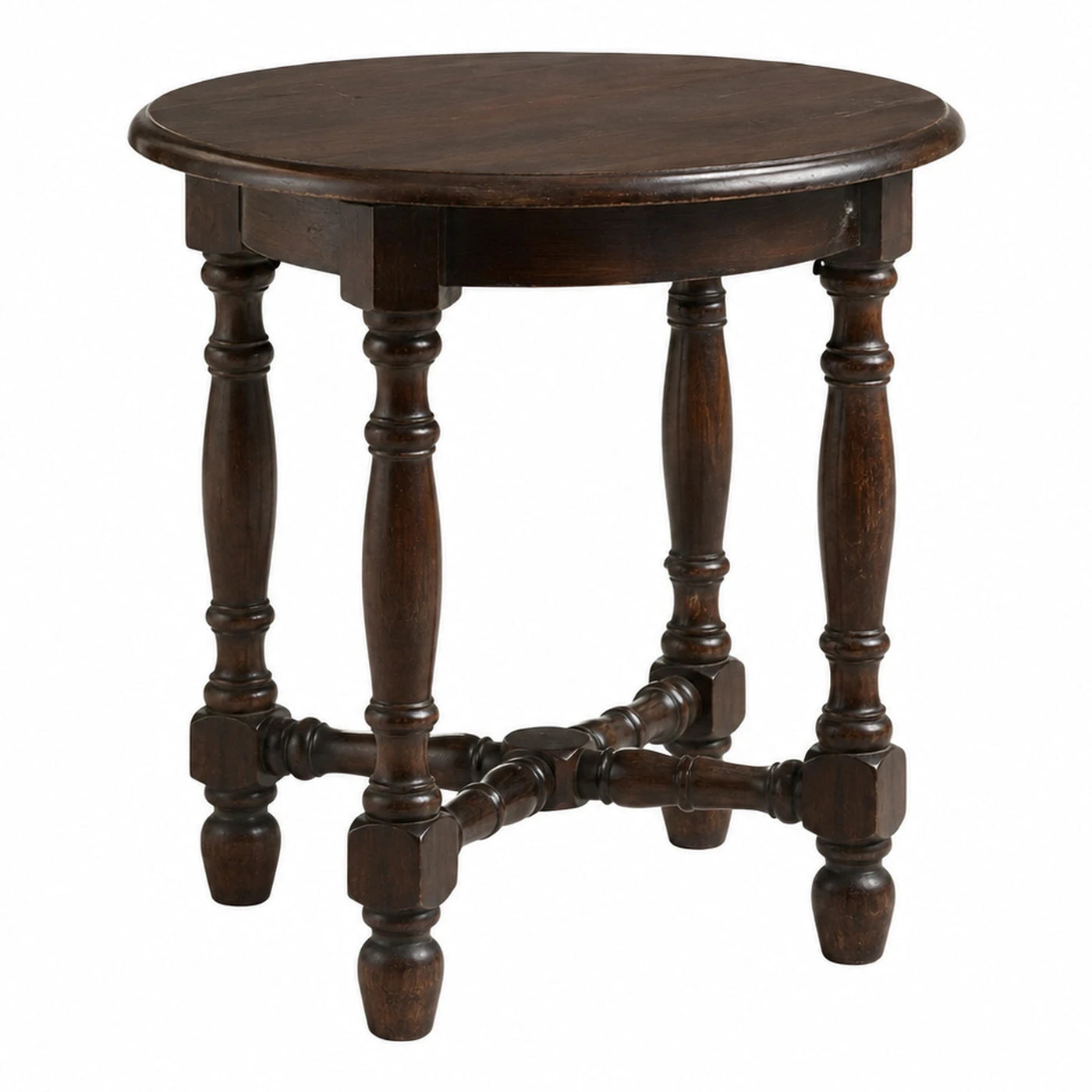 Dark Wood Round Side Table with Turned Legs