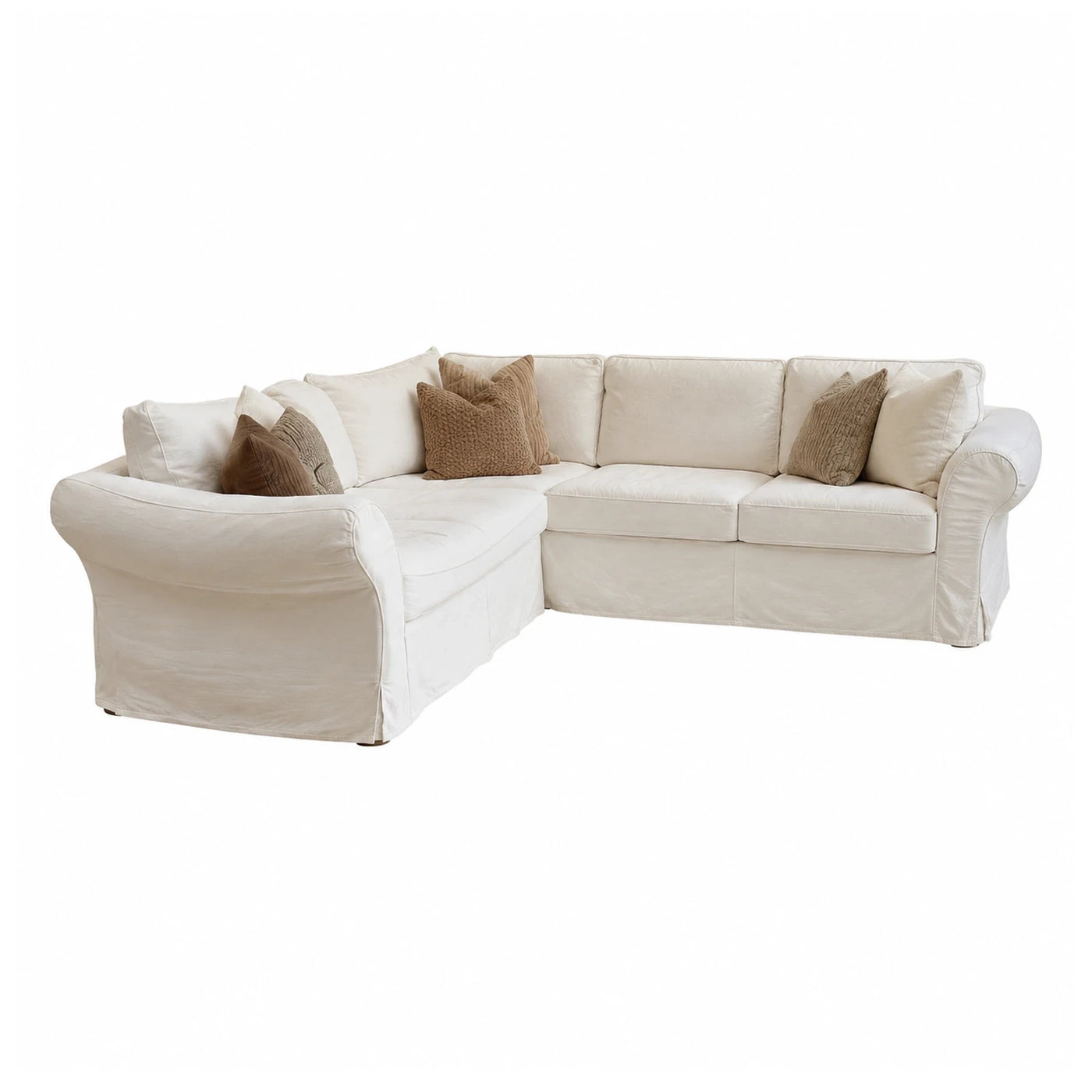 Cream Fabric L-Shaped Sectional Sofa with Throw Pillows