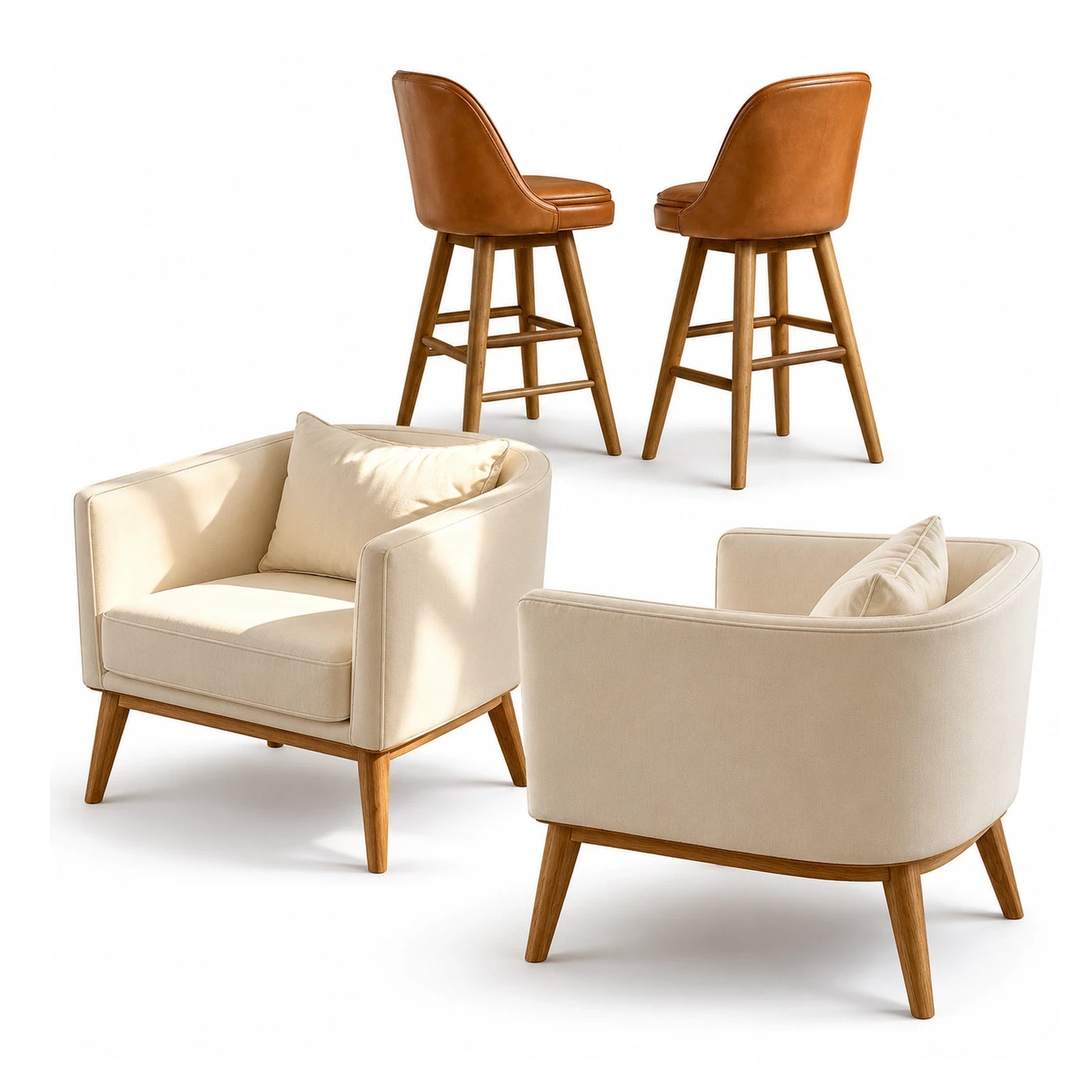 Cream Fabric Armchair and Brown Leather Bar Stool Set