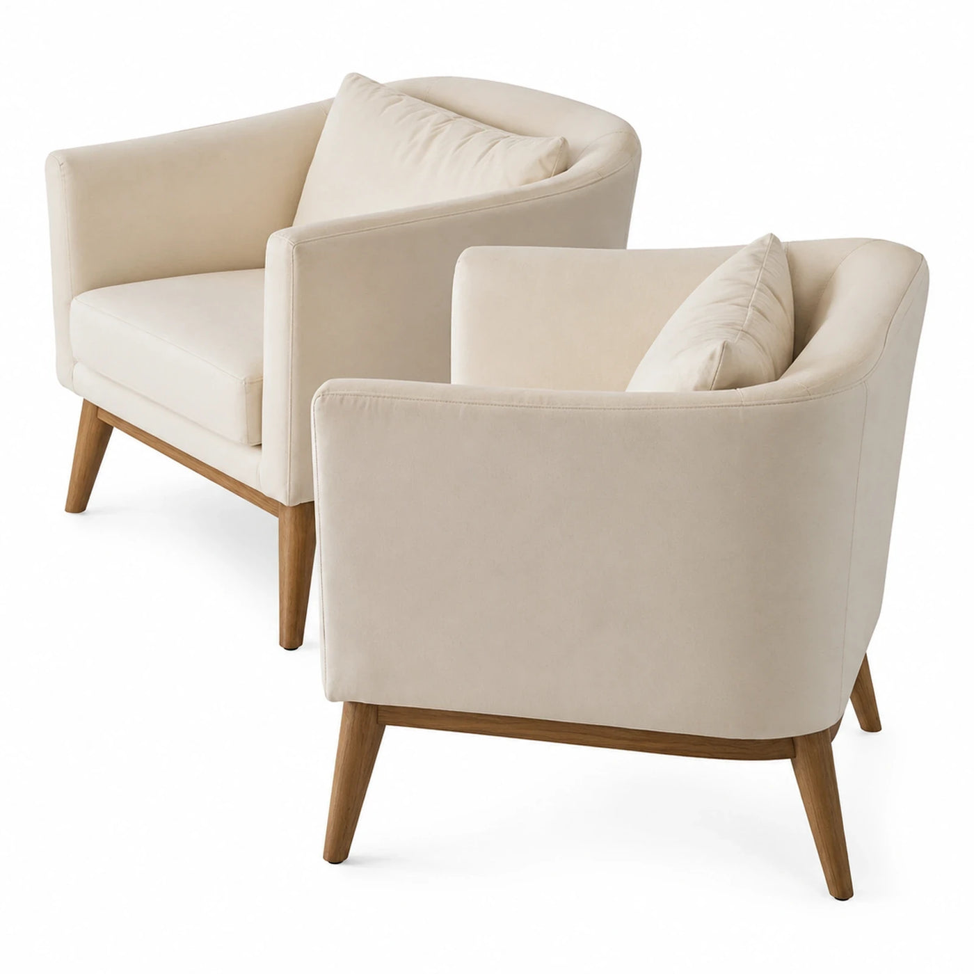Cream Fabric Armchair Set with Wooden Legs