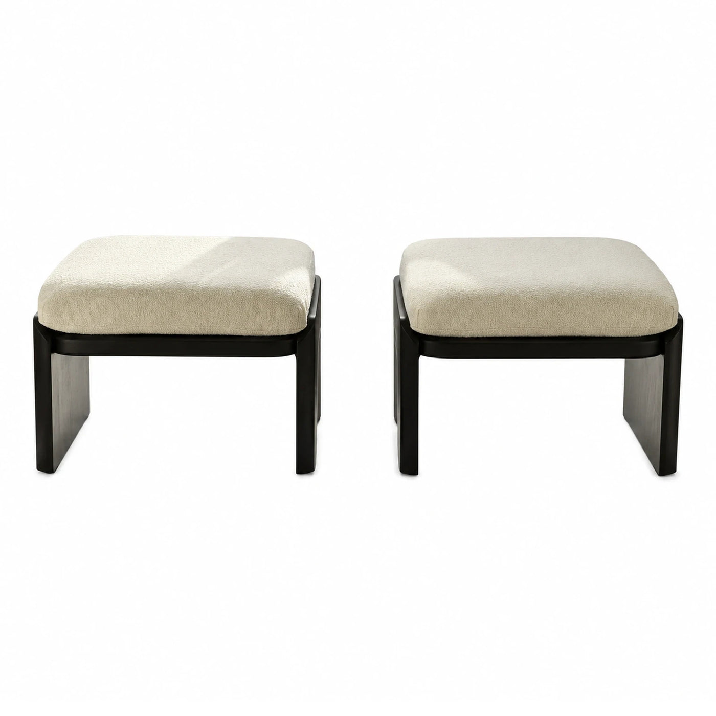 Set of 2 Cream Boucle Upholstered Stools with Dark Wood Base