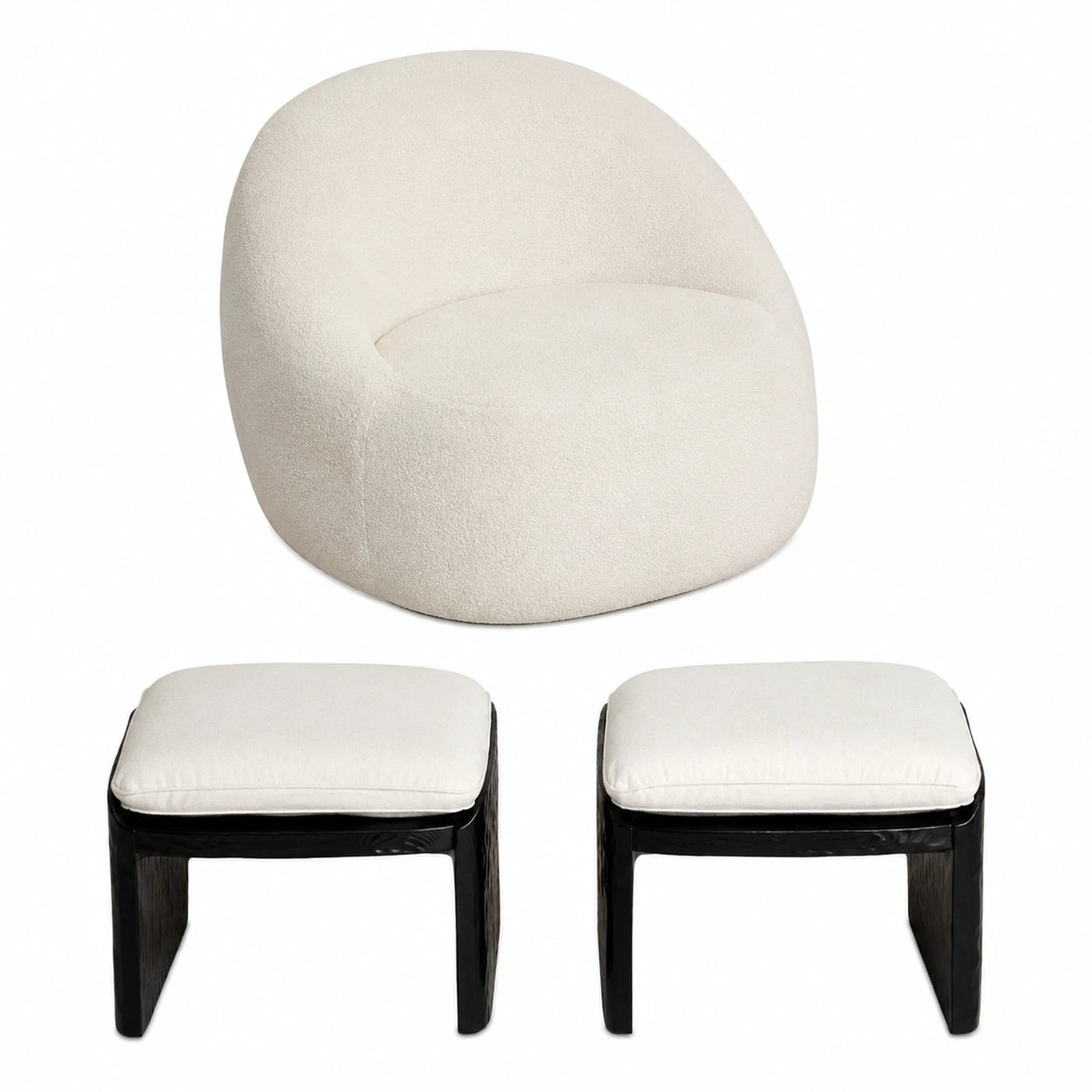 Cream Boucle Lounge Chair with Two Stools