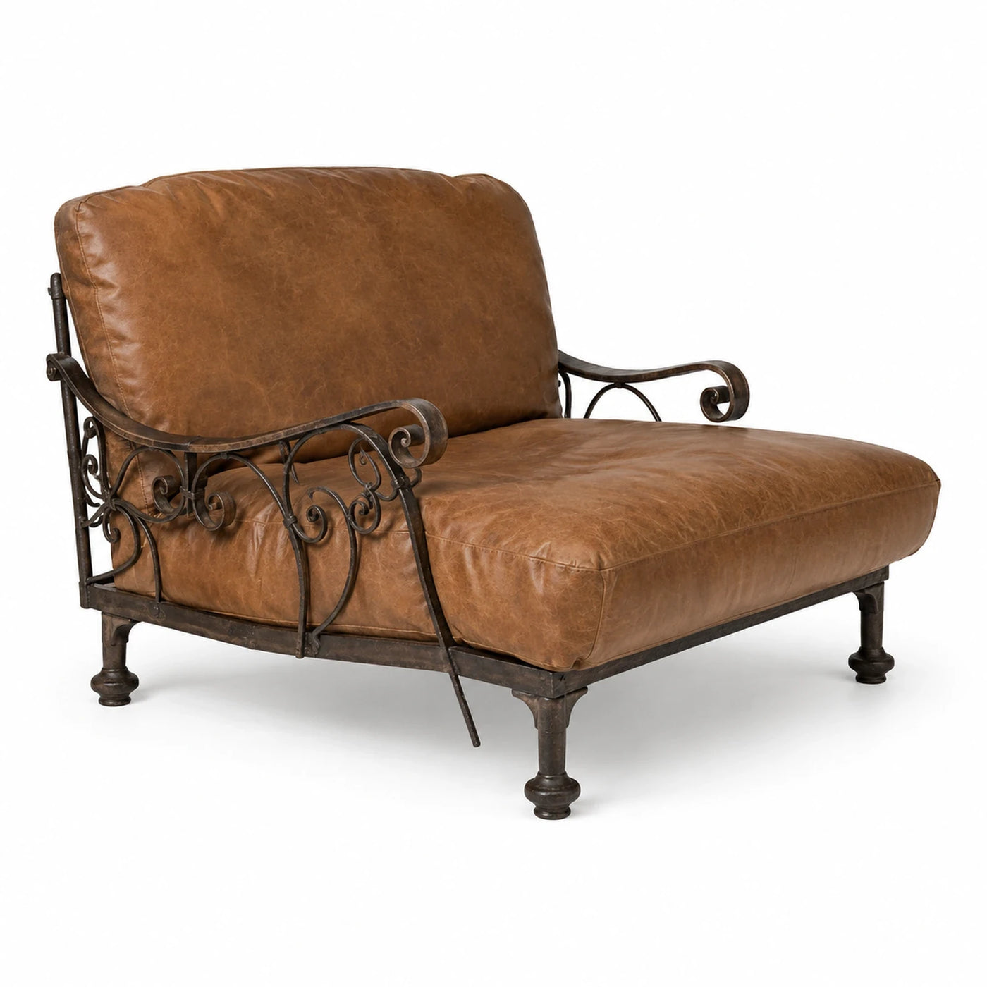 Brown Leather Chaise Lounge with Wrought Iron Frame