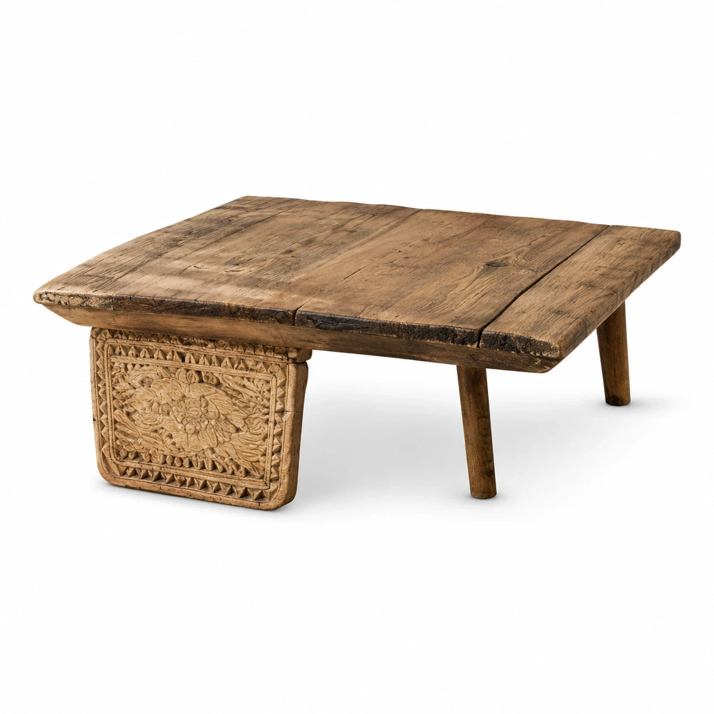 Rustic Carved Wood Coffee Table with Floral Panel