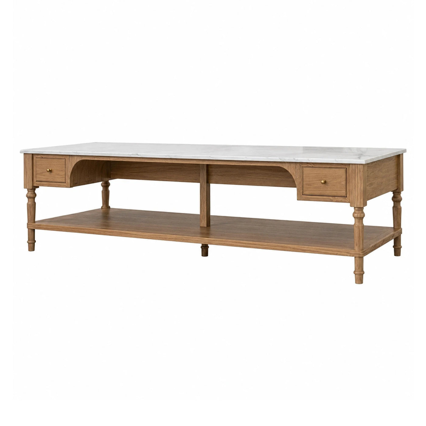 Oak Wood Coffee Table with White Marble Top and Drawers