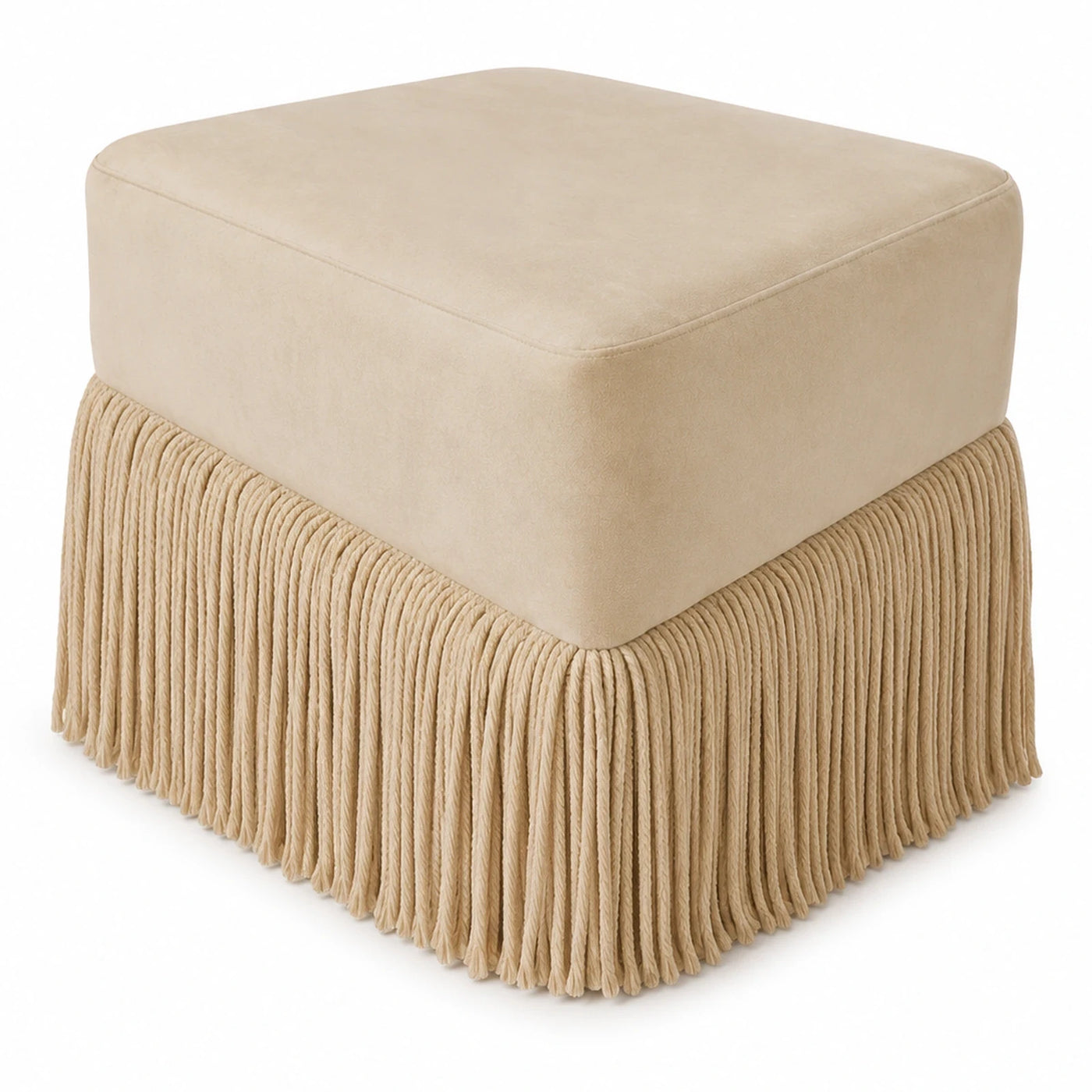 Beige Fringed Square Ottoman