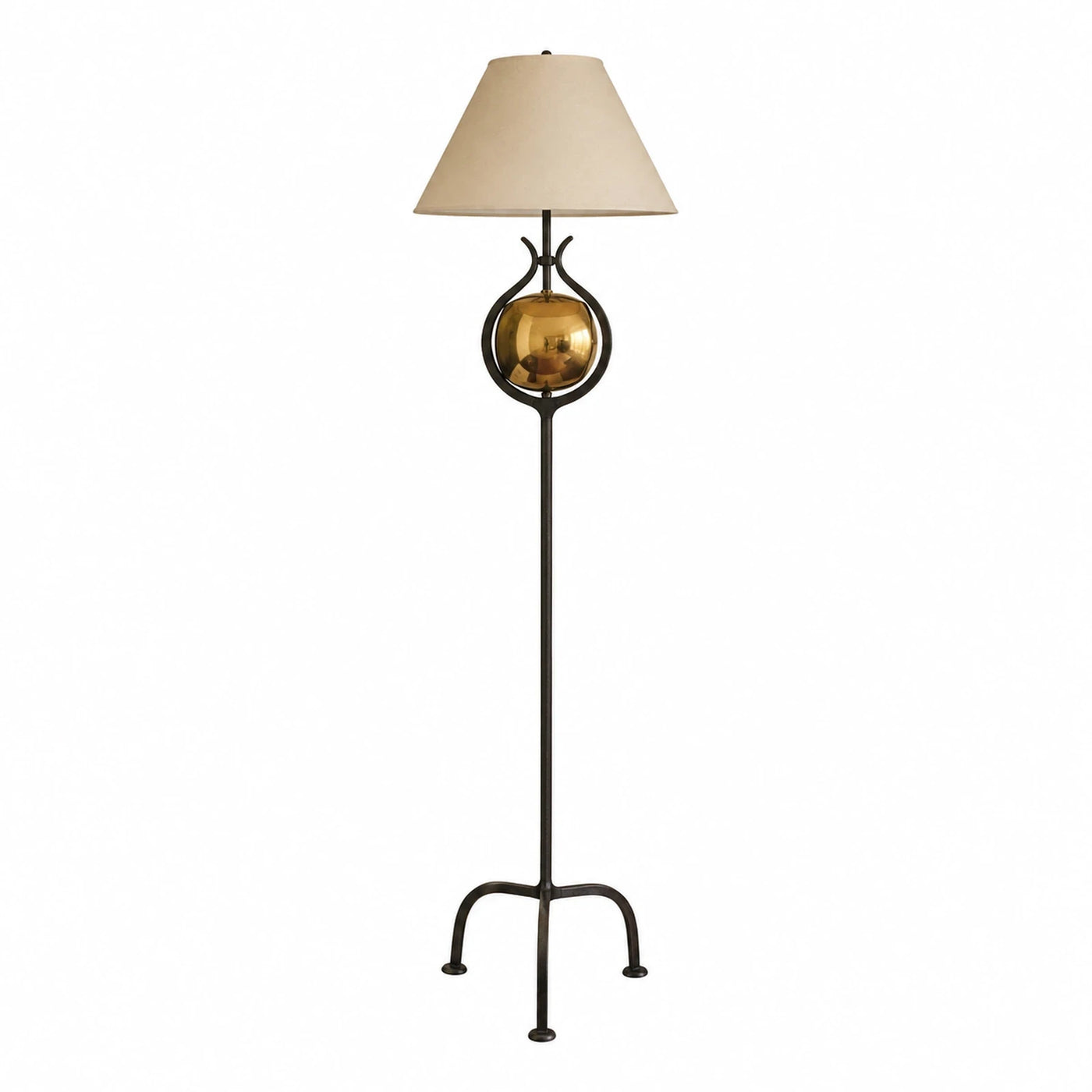 Metal Floor Lamp with Amber Glass Globe and Beige Shade