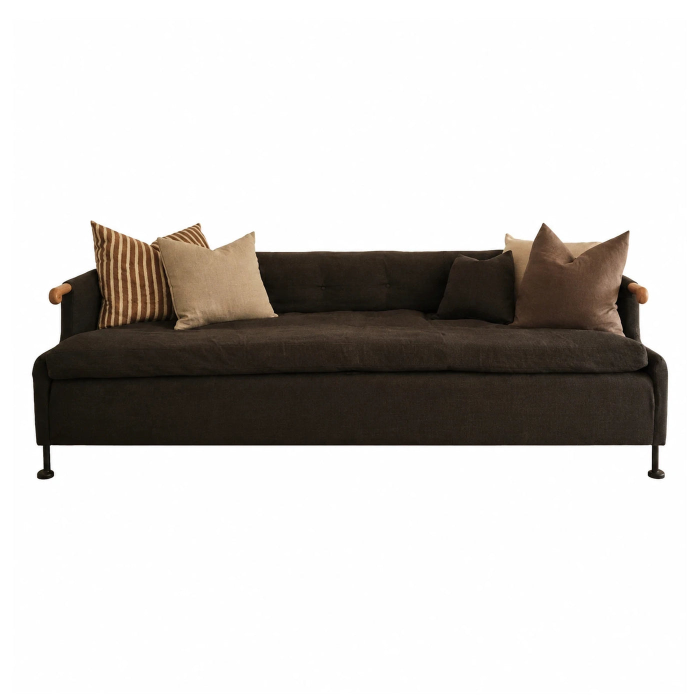Dark Brown Fabric Sofa with Wooden Armrests