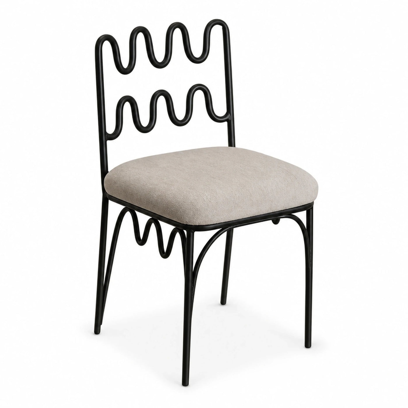 Black Metal Wavy Back Dining Chair with Beige Fabric Seat
