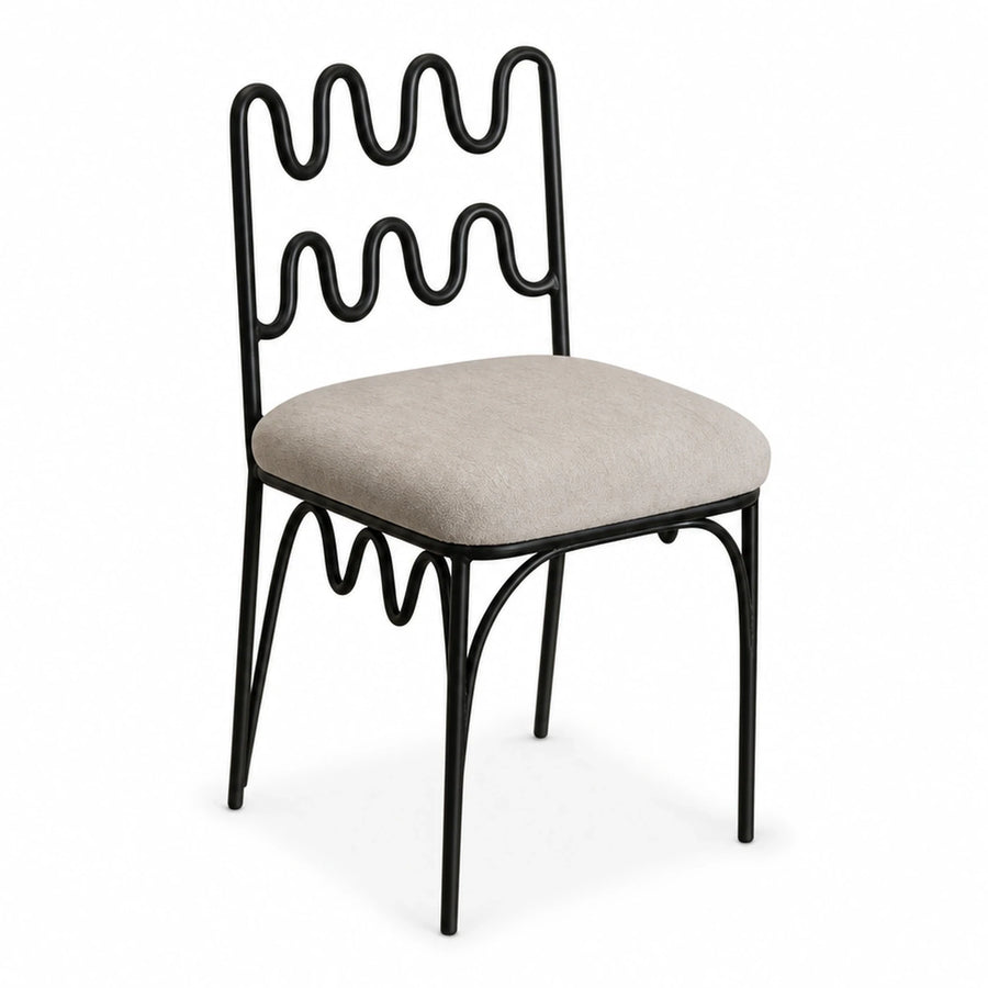 Black Metal Wavy Back Dining Chair with Beige Fabric Seat