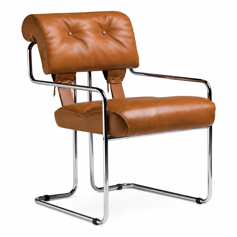 Brown Leather Cantilever Armchair with Chrome Frame