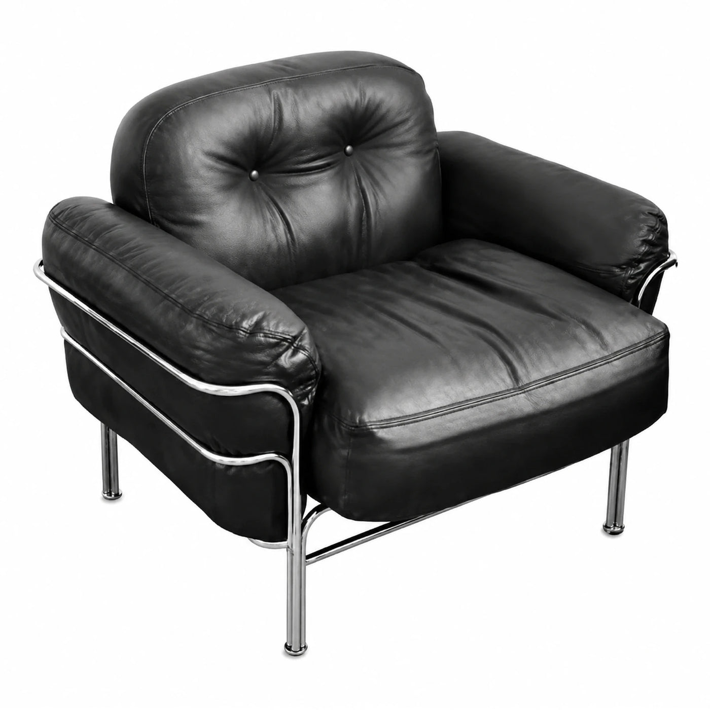Black Leather Armchair with Chrome Frame