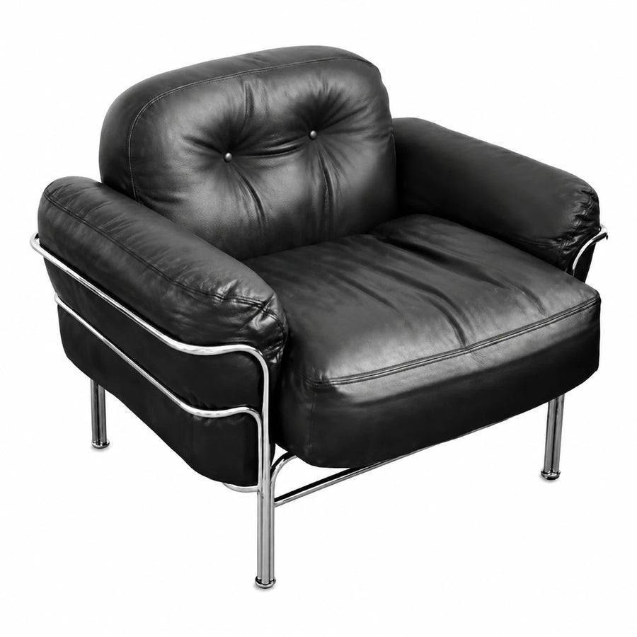 Black Leather Armchair with Chrome Frame