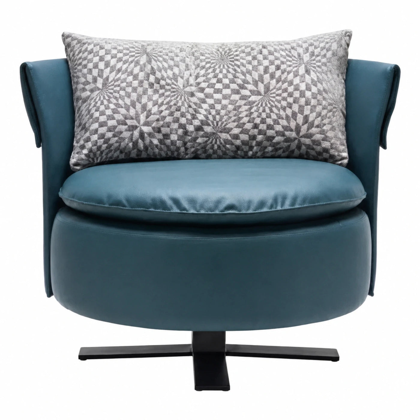 Teal Leather Swivel Armchair with Geometric Pillow