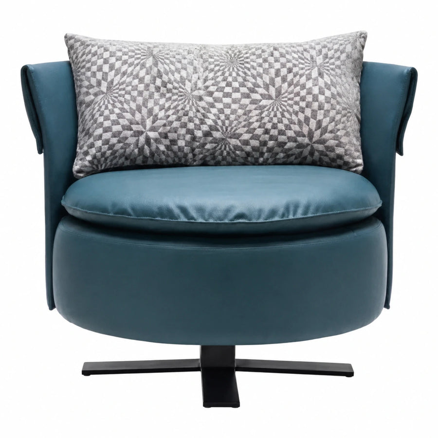 Teal Leather Swivel Armchair with Geometric Pillow
