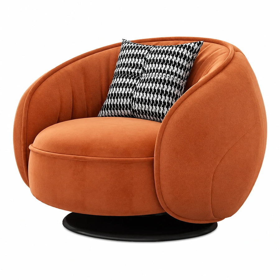 Orange Velvet Swivel Armchair with Houndstooth Pillow
