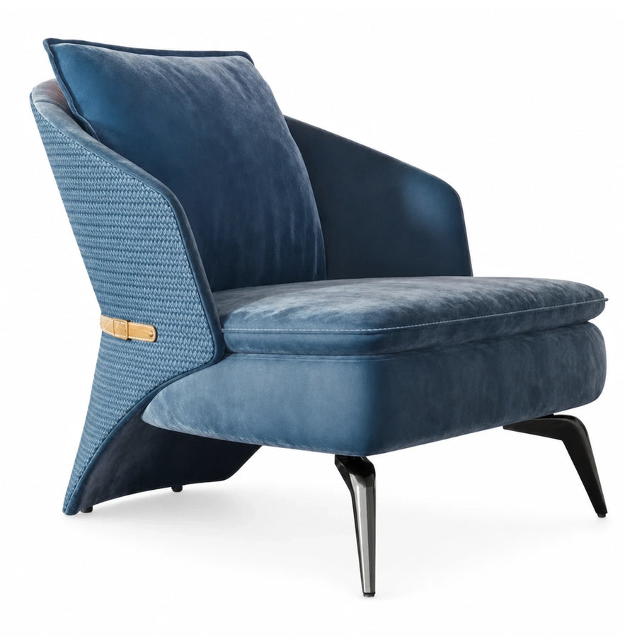 Blue Velvet Lounge Chair with Textured Back and Metal Legs