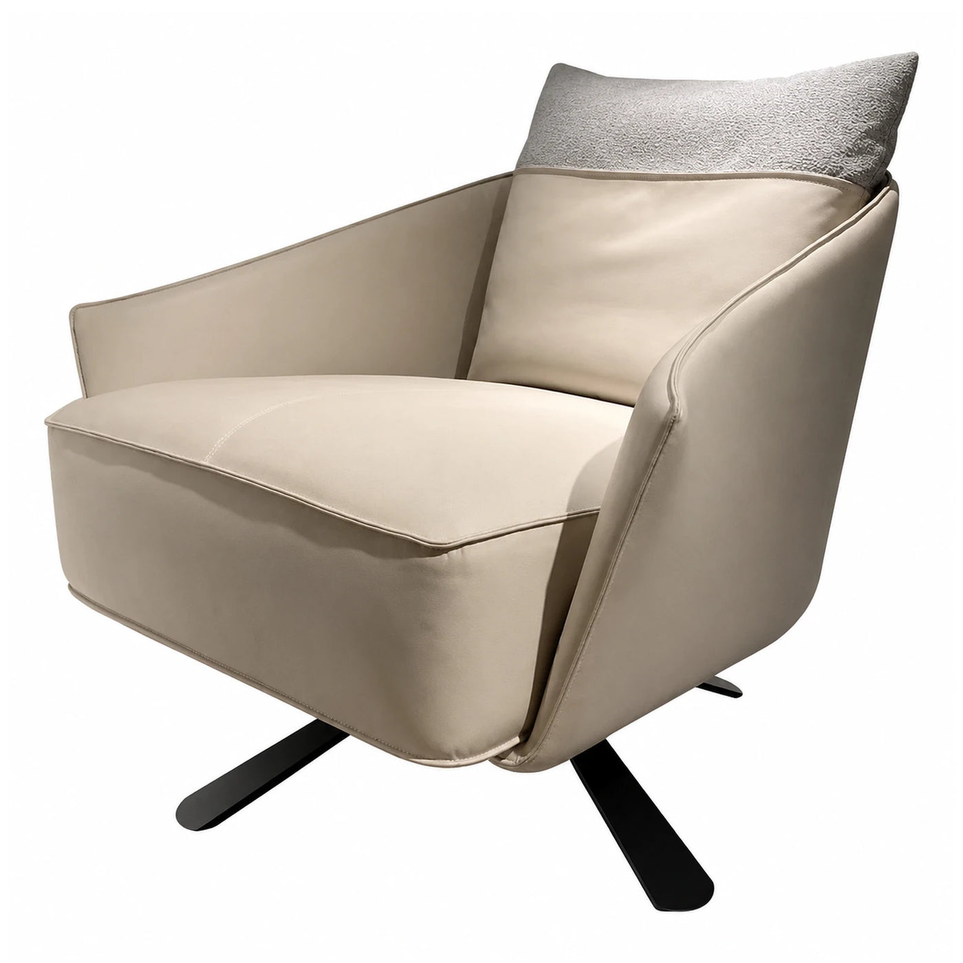 Beige Leather Swivel Lounge Chair with Black Base
