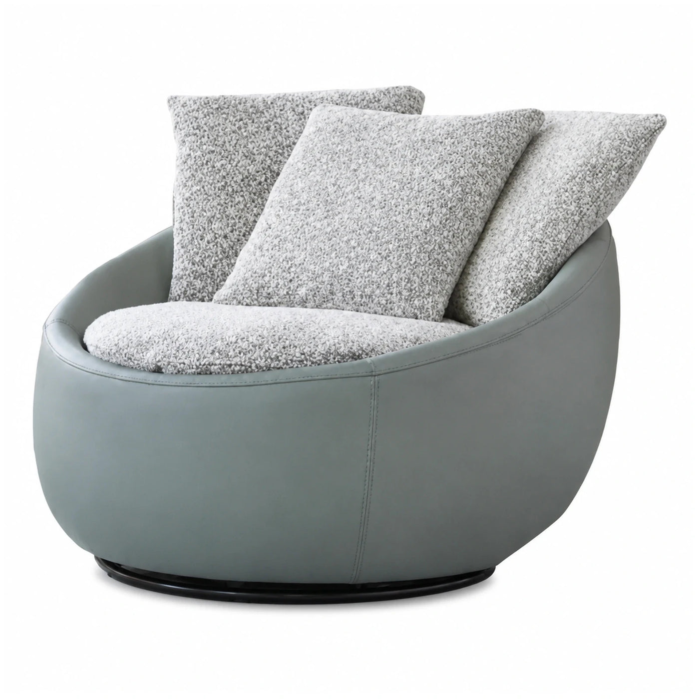 Grey Leather Swivel Lounge Chair with Boucle Cushions