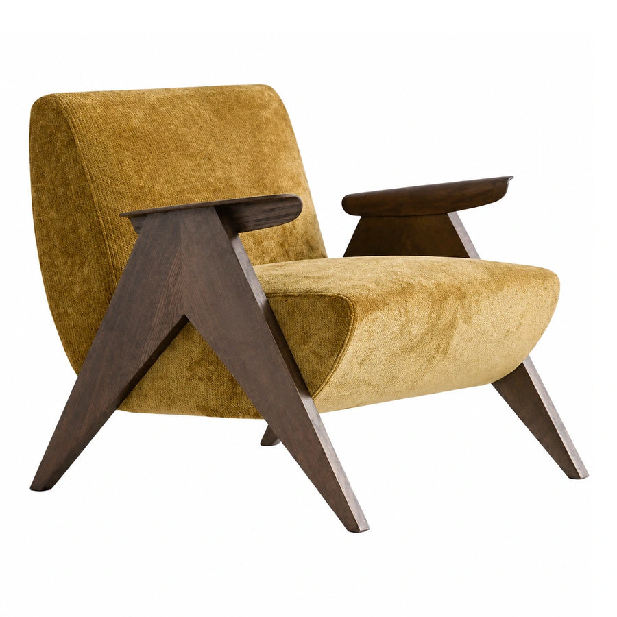 Mid-Century Modern Yellow Velvet Armchair with Dark Wood Frame