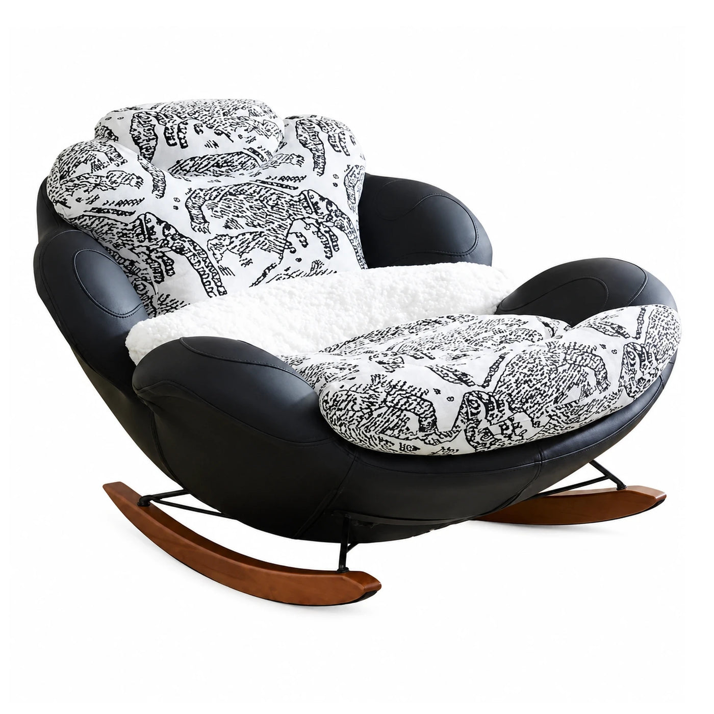Black Leather Rocking Lounge Chair with Patterned Cushions