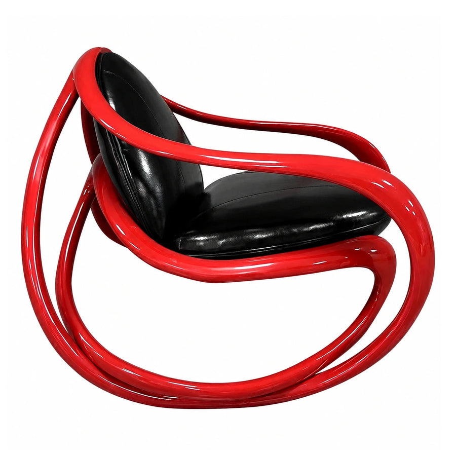 Red Tubular Frame Lounge Chair with Black Leather Seat