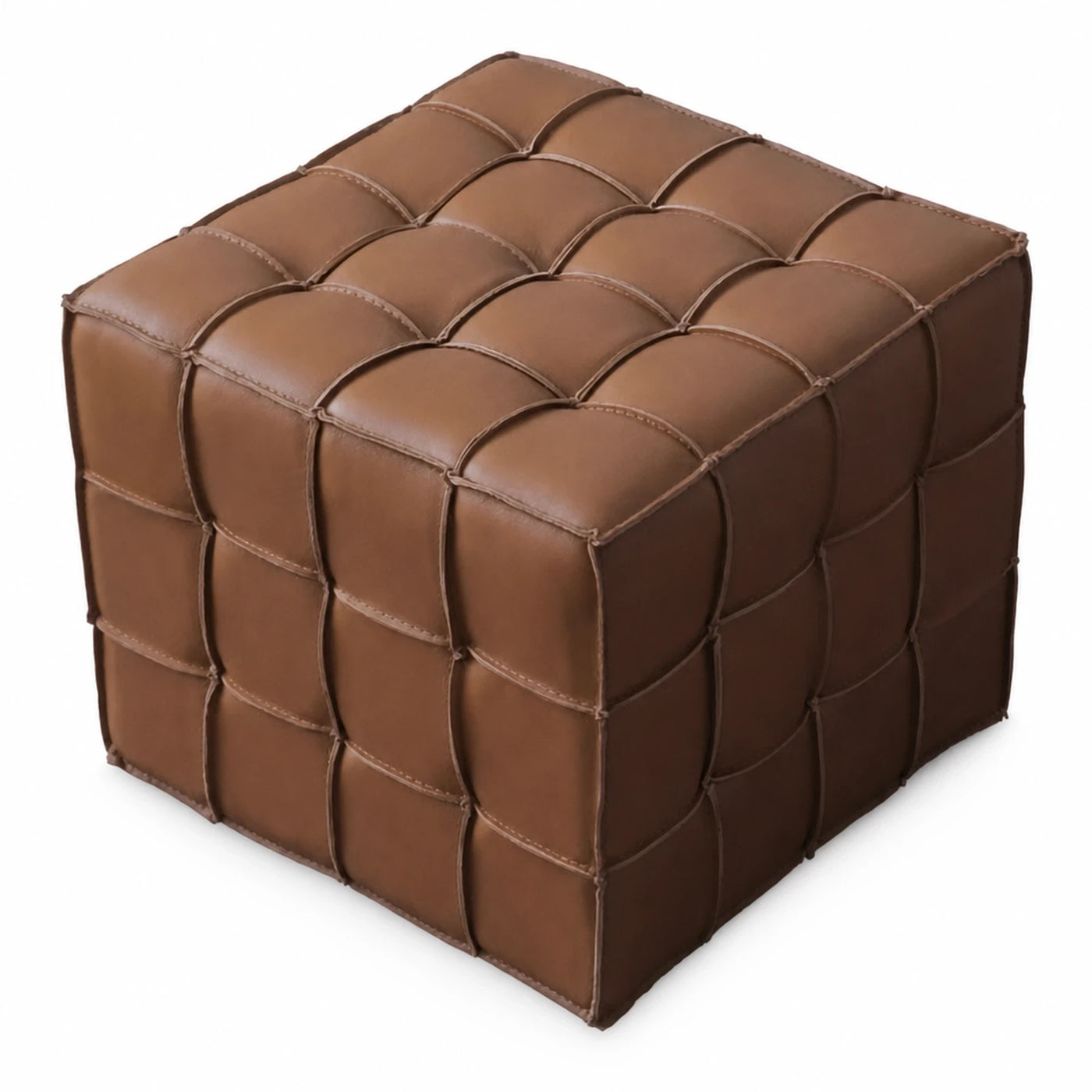 Brown Leather Tufted Cube Ottoman
