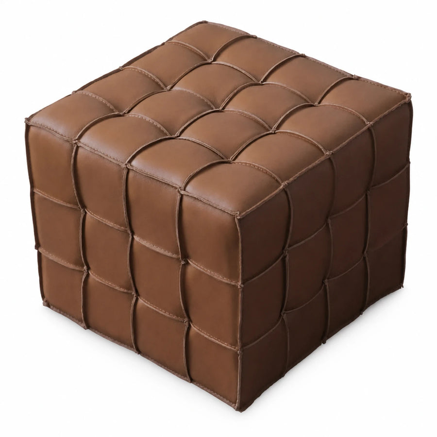 Brown Leather Tufted Cube Ottoman