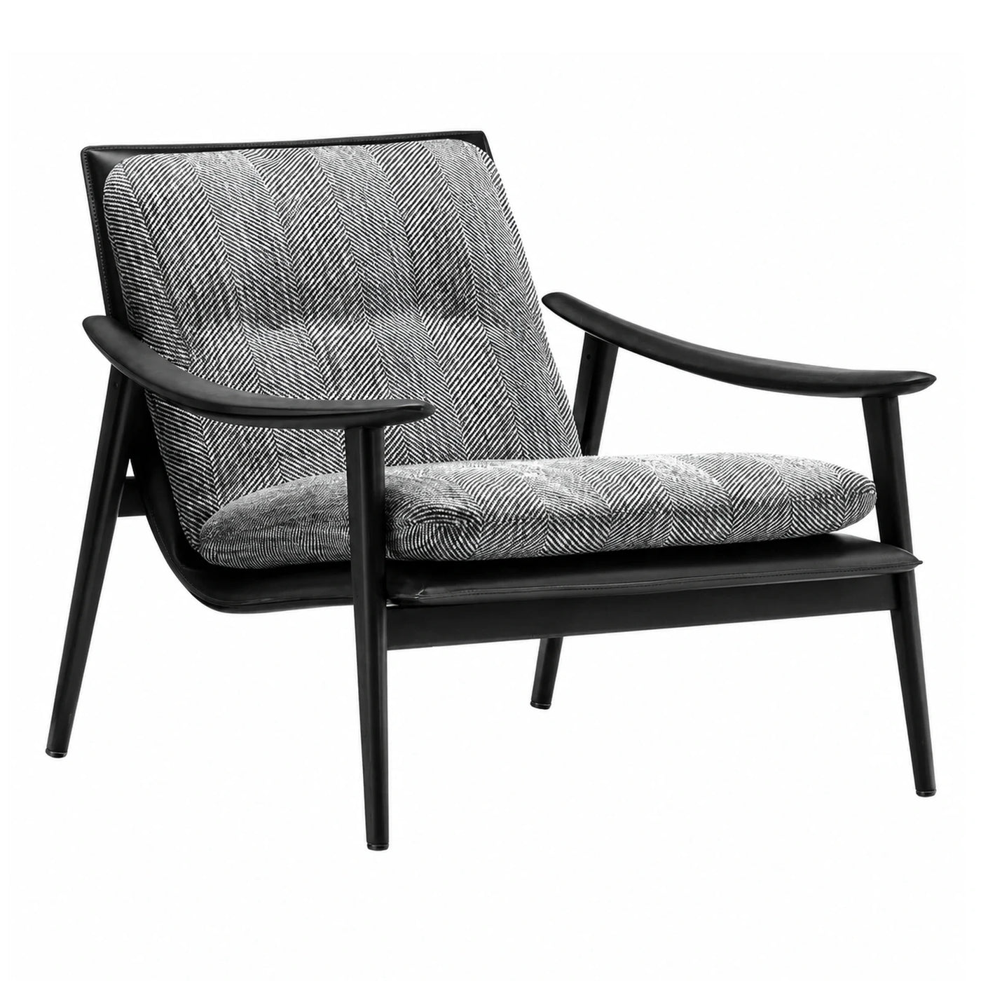 Black Wood Frame Herringbone Fabric Lounge Chair