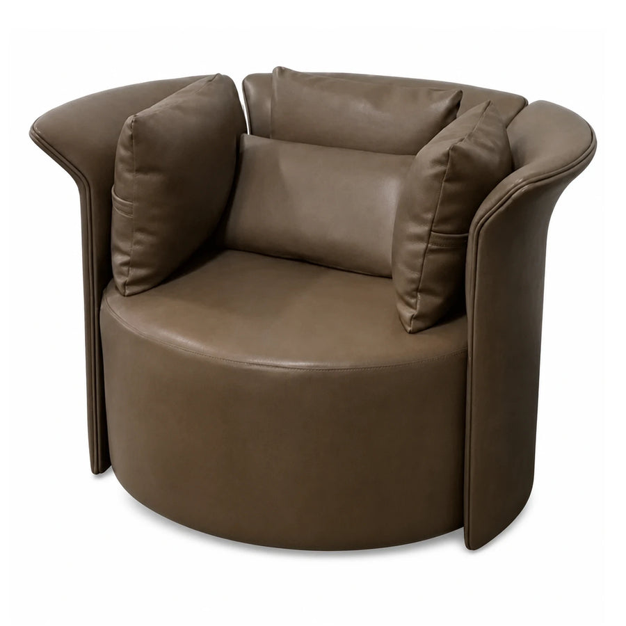 Brown Leather Round Swivel Armchair with Pillows