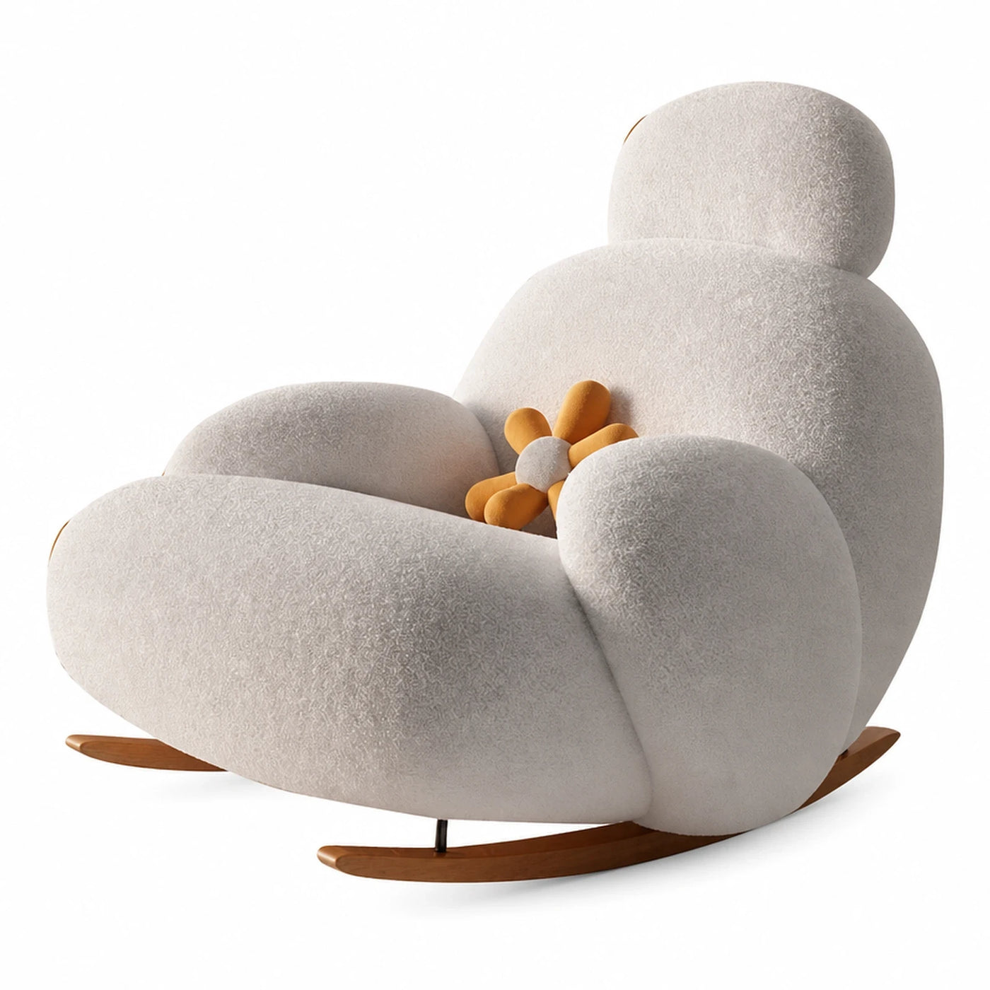 Cream Boucle Rocking Lounge Chair with Wooden Base