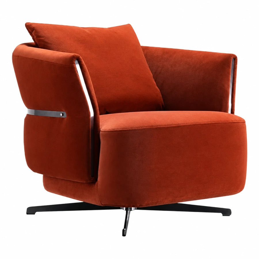 Orange Velvet Swivel Armchair with Metal Accents