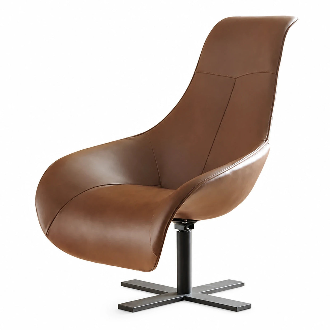 Brown Leather Swivel Lounge Chair with Metal Base