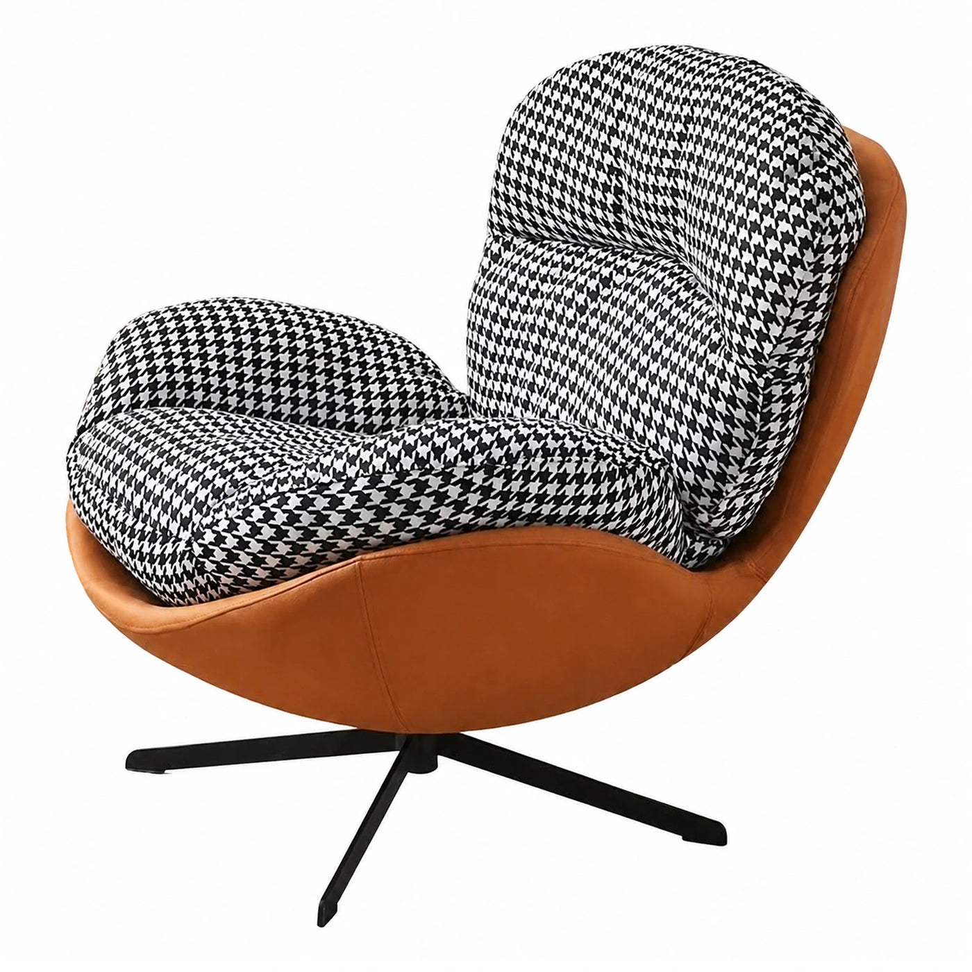 Houndstooth Fabric and Leather Swivel Lounge Chair
