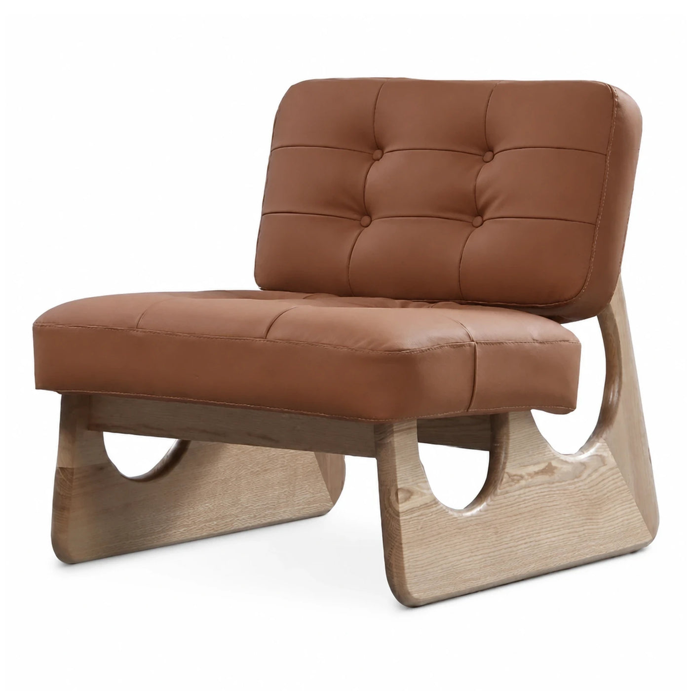 Brown Leather Lounge Chair with Wooden Base