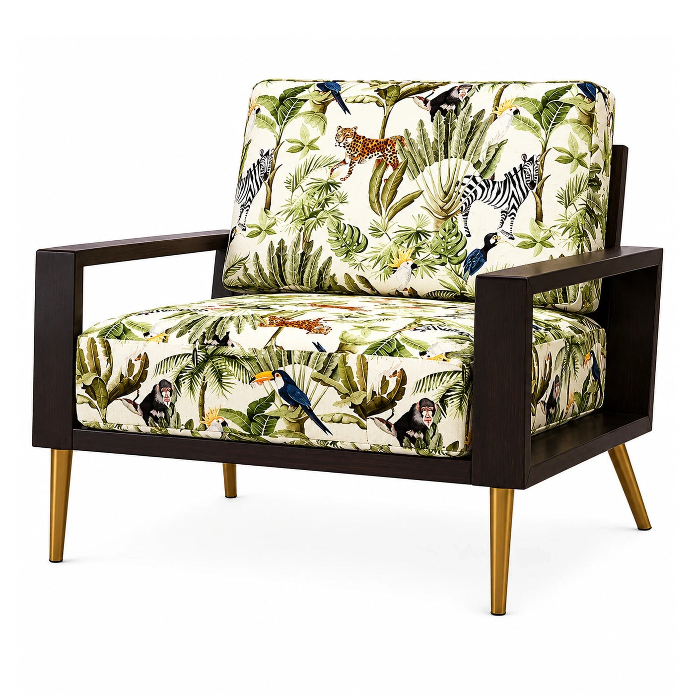 Jungle Print Upholstered Armchair with Dark Wood Frame