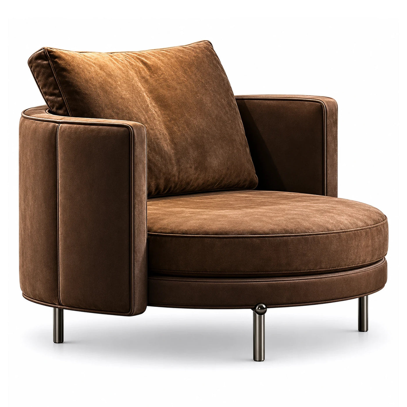 Brown Velvet Swivel Lounge Chair with Metal Legs