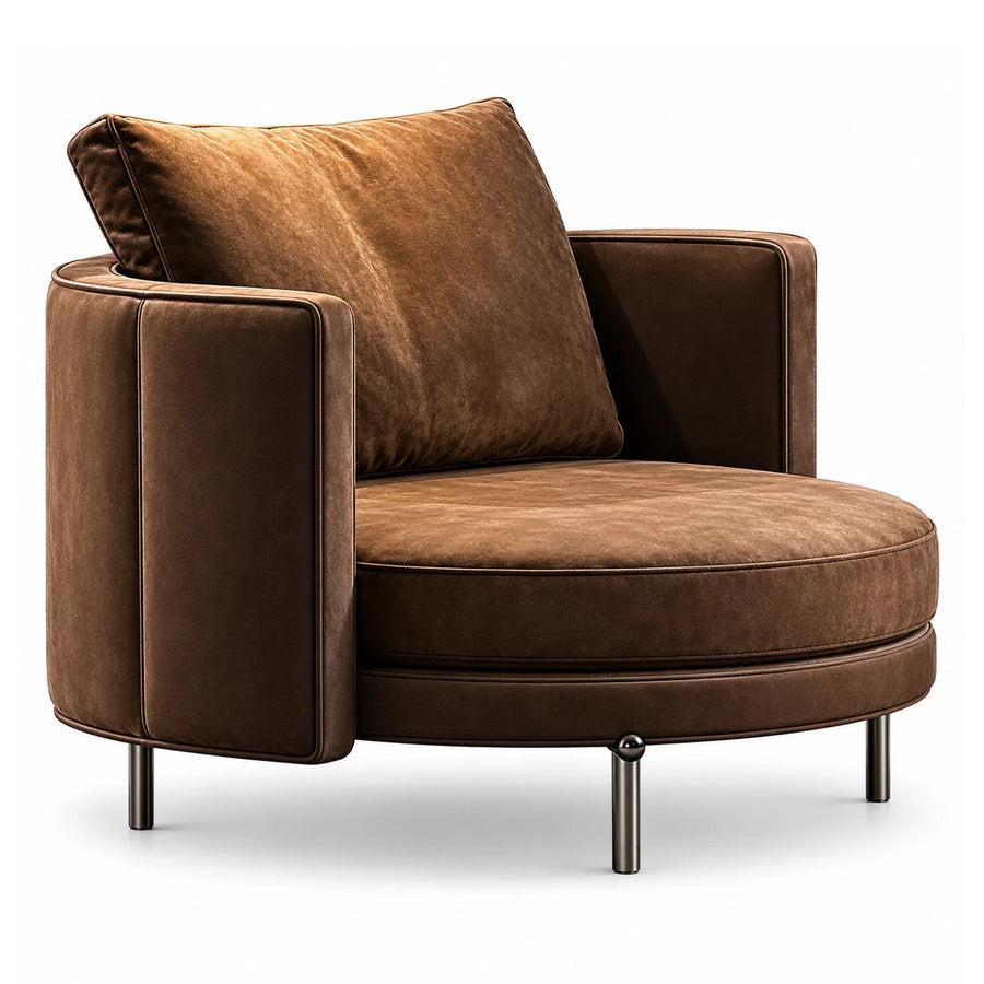 Brown Velvet Swivel Lounge Chair with Metal Legs