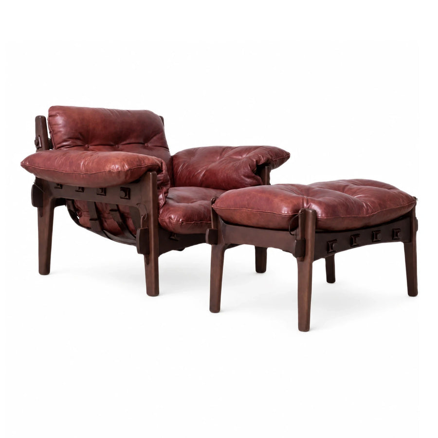 Brown Leather Lounge Chair and Ottoman Set