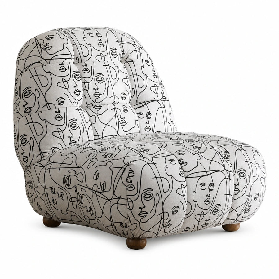 Abstract Face Print Lounge Chair with Wooden Legs