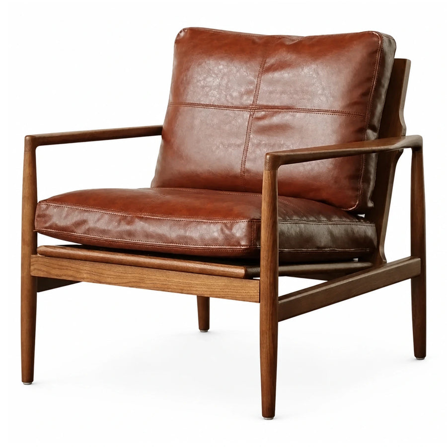 Brown Leather Armchair with Wooden Frame