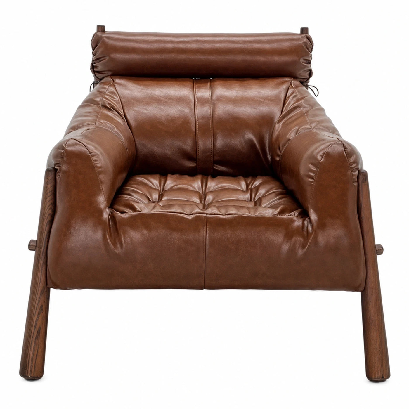 Brown Leather Lounge Chair with Wooden Frame