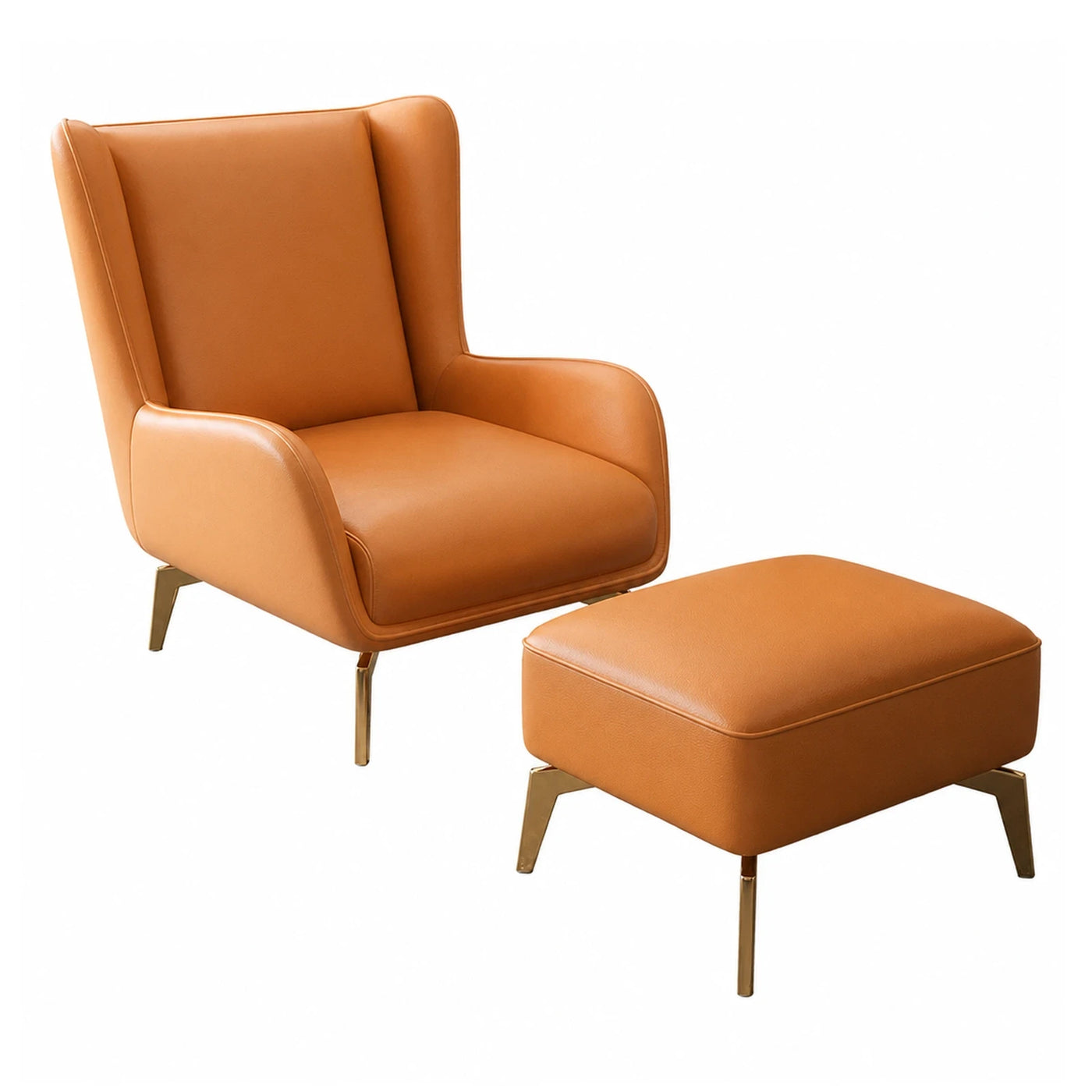 Modern Orange Leather Armchair with Ottoman