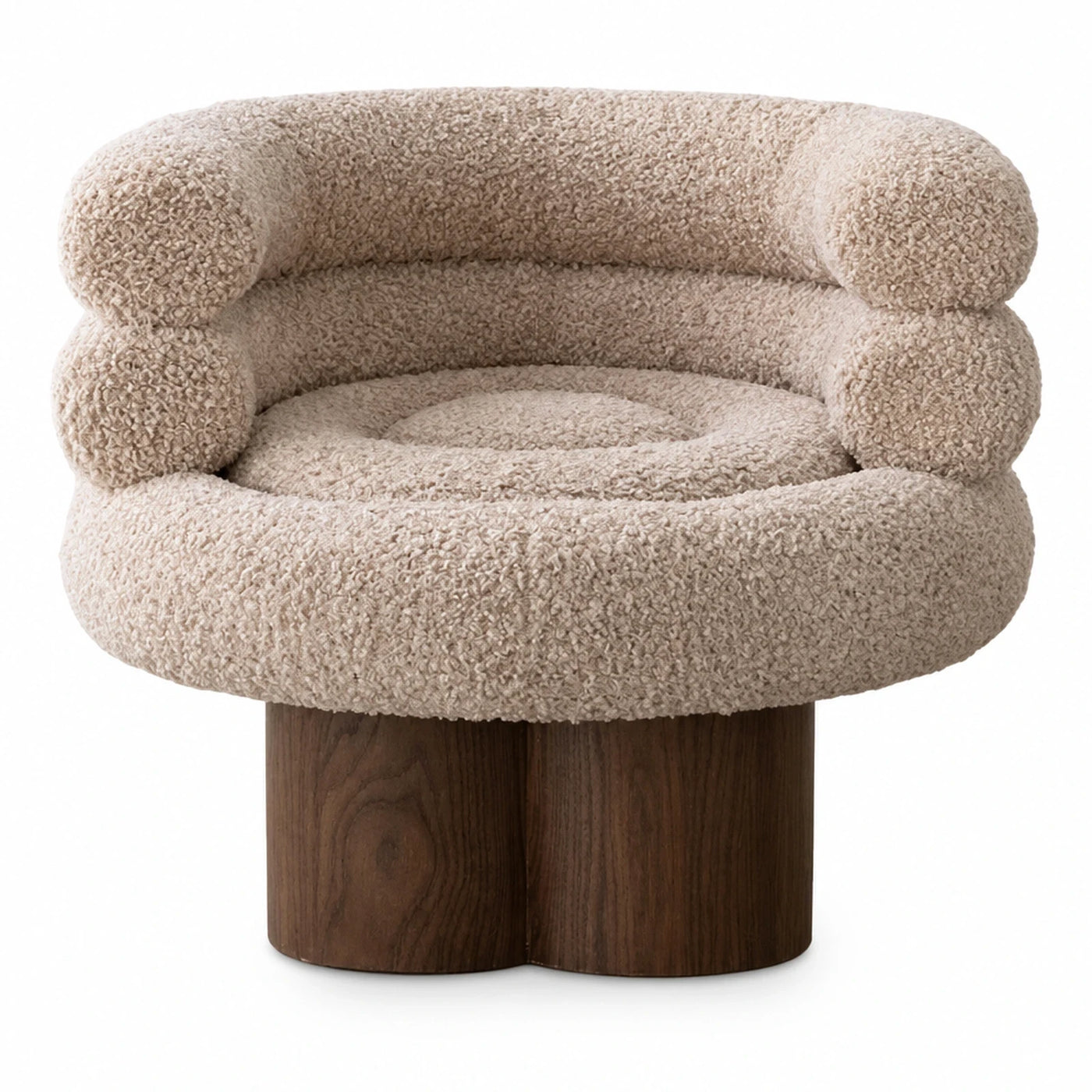 Beige Boucle Swivel Lounge Chair with Wood Base