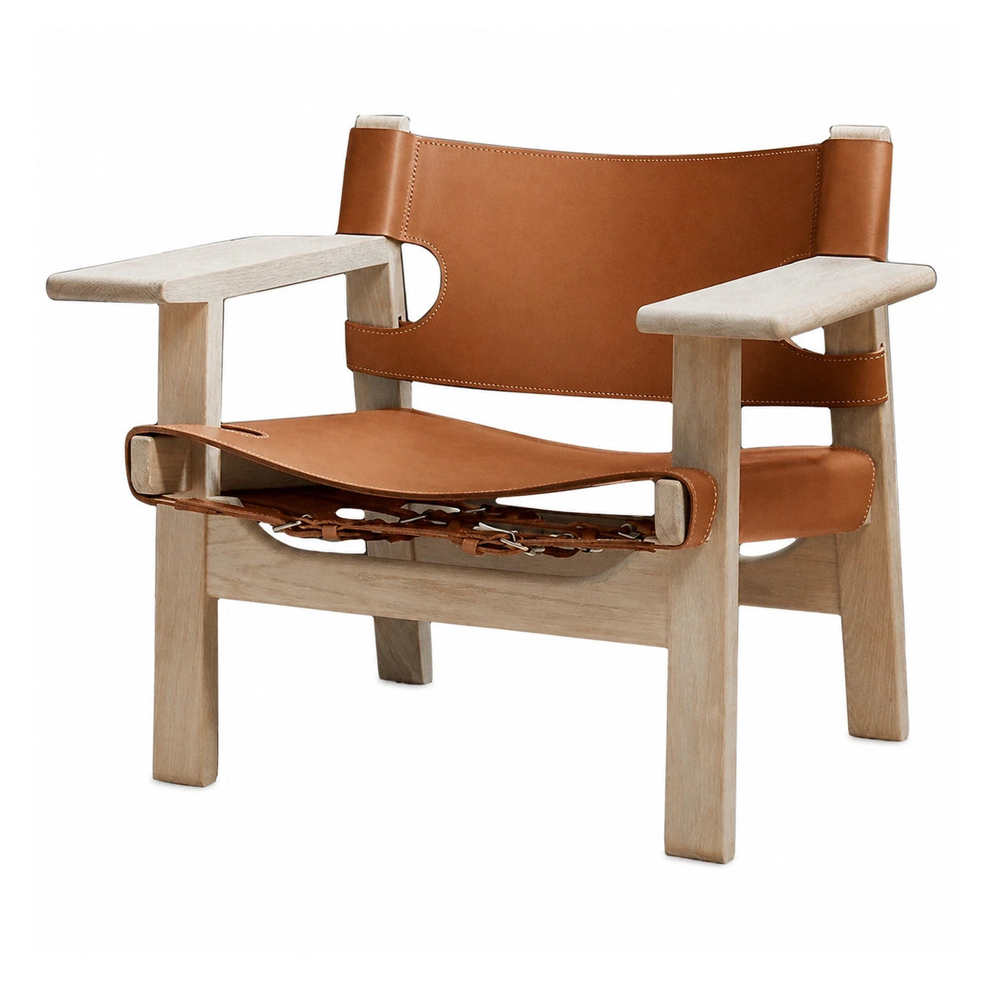 Light Wood Frame Leather Sling Lounge Chair