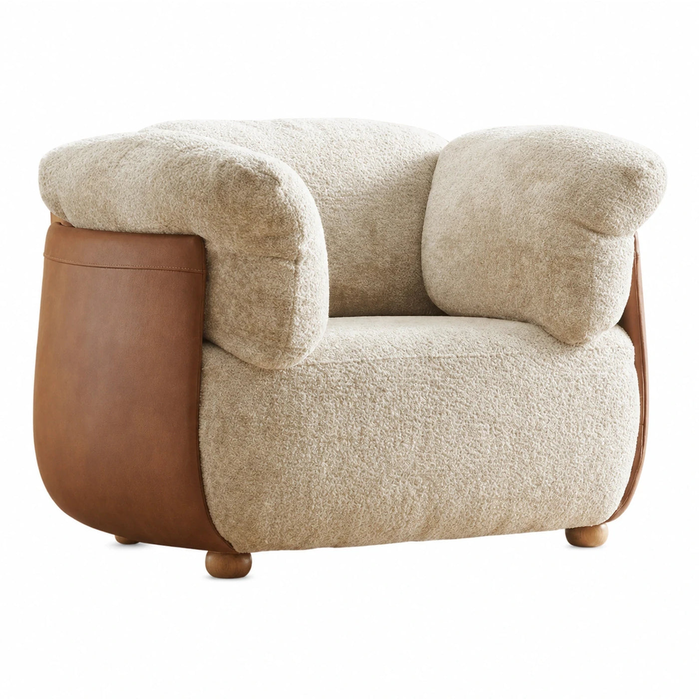 Cream Boucle Armchair with Brown Leather Sides