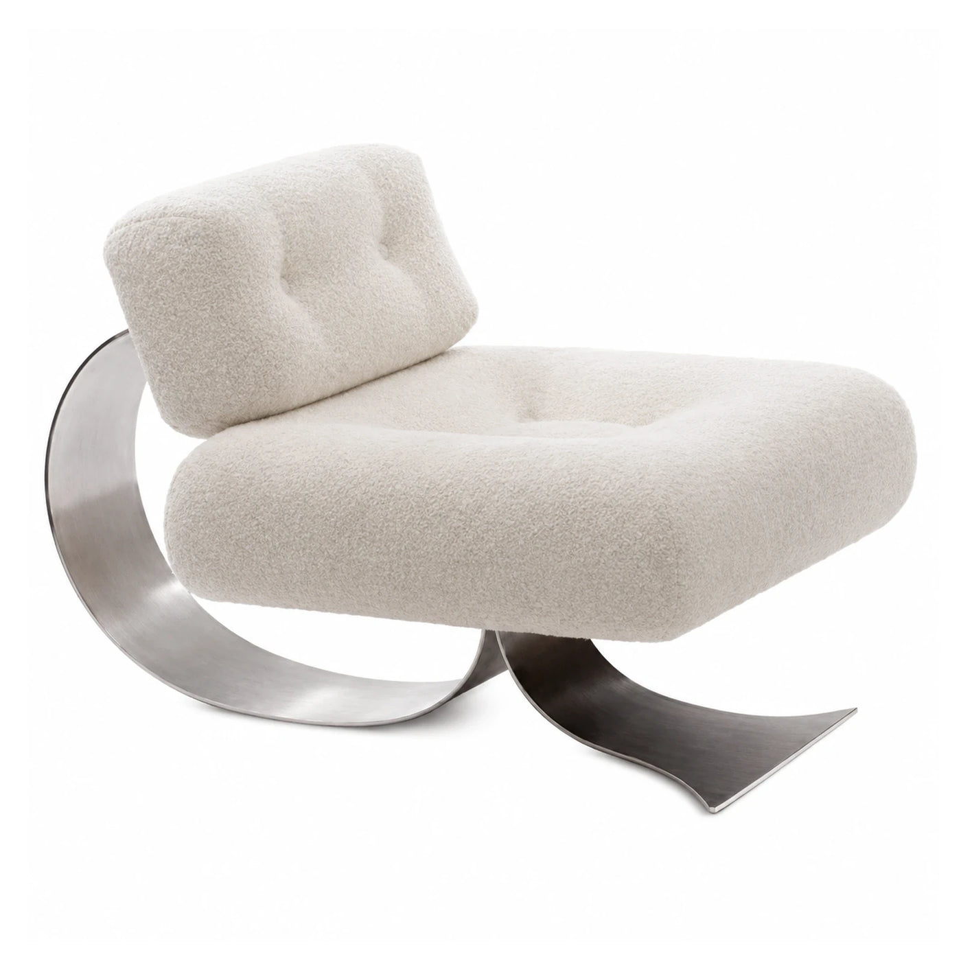 White Boucle Lounge Chair with Curved Metal Base