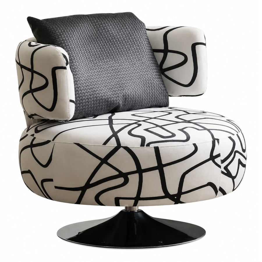 White Swivel Lounge Chair with Black Abstract Line Pattern